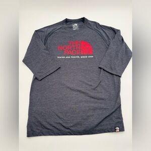 Men’s North Face Heather Blue T-Shirt 3/4 Sleeve Red Logo Standard Fit Sz M